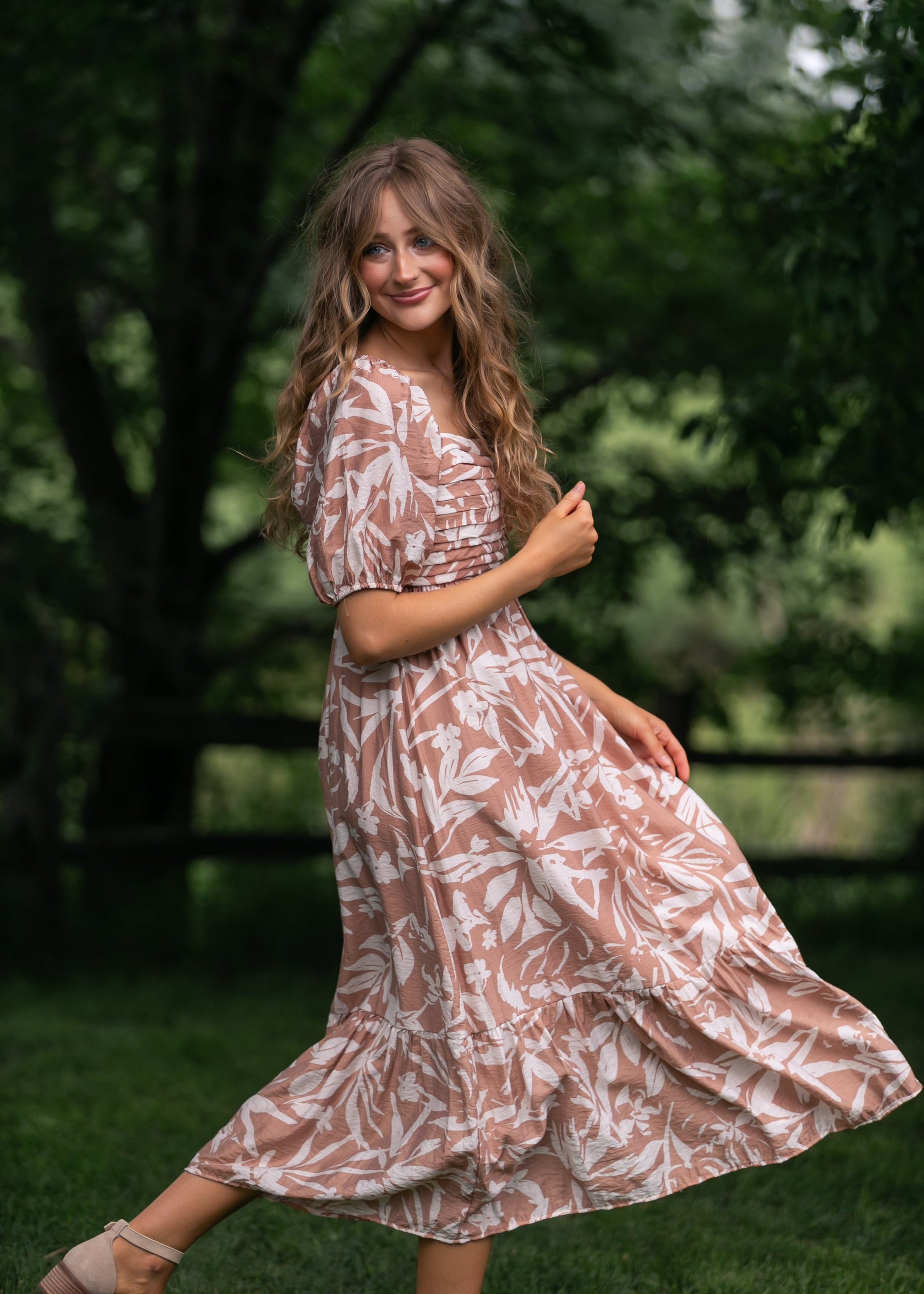 Floral Leaf Print Midi Dress FF Dresses