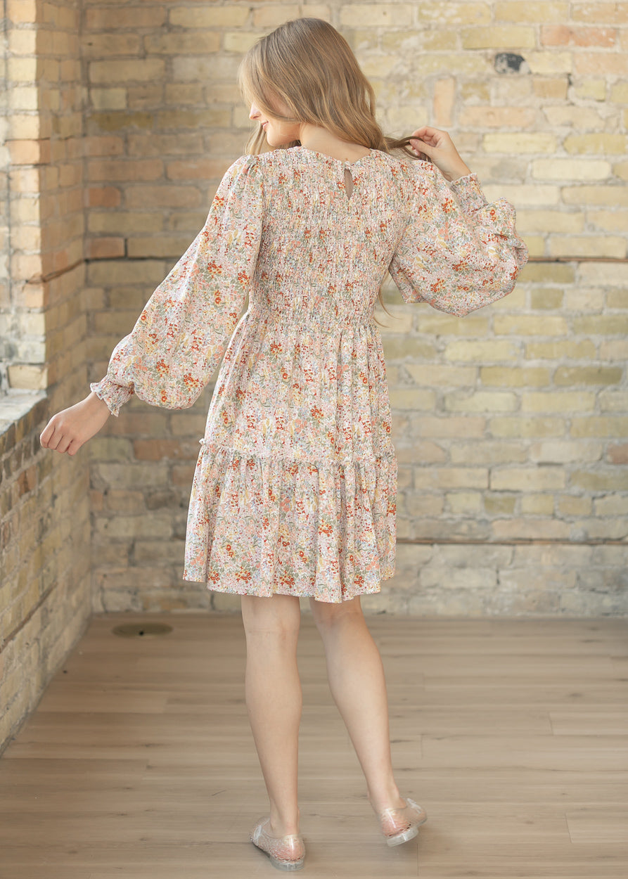 Floral Long Sleeve Smocked Midi Dress FF Dresses