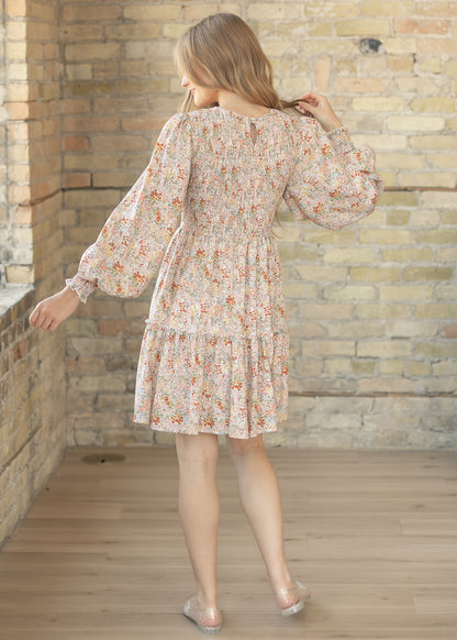 Floral Long Sleeve Smocked Midi Dress FF Dresses