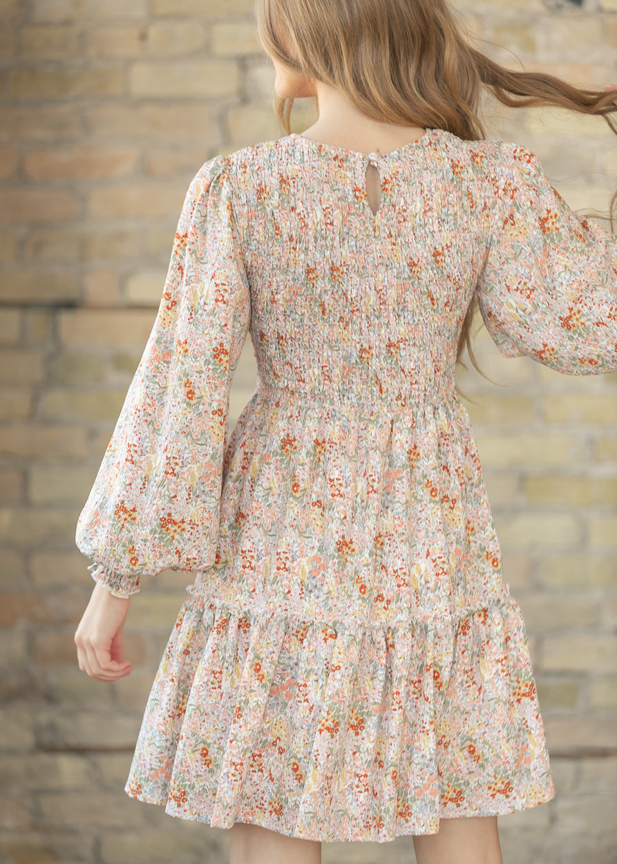 Floral Long Sleeve Smocked Midi Dress FF Dresses