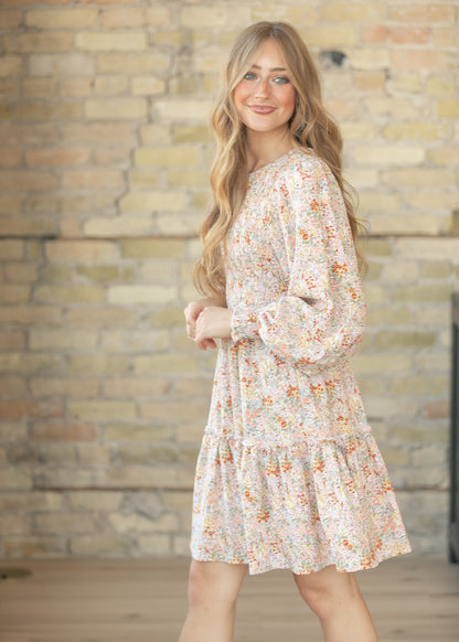 Floral Long Sleeve Smocked Midi Dress FF Dresses