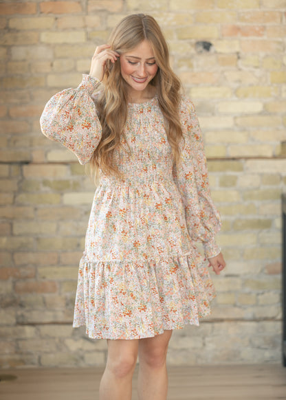 Floral Long Sleeve Smocked Midi Dress FF Dresses