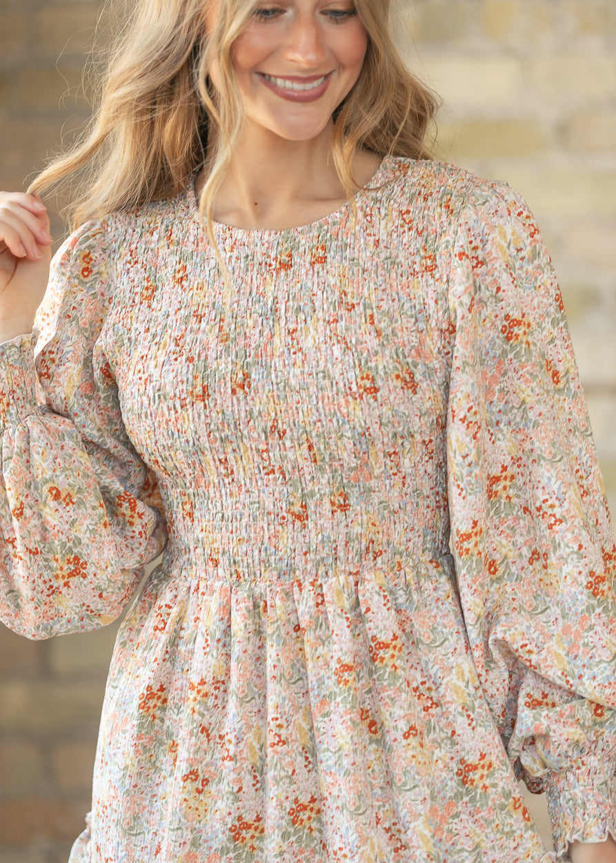 Floral Long Sleeve Smocked Midi Dress FF Dresses
