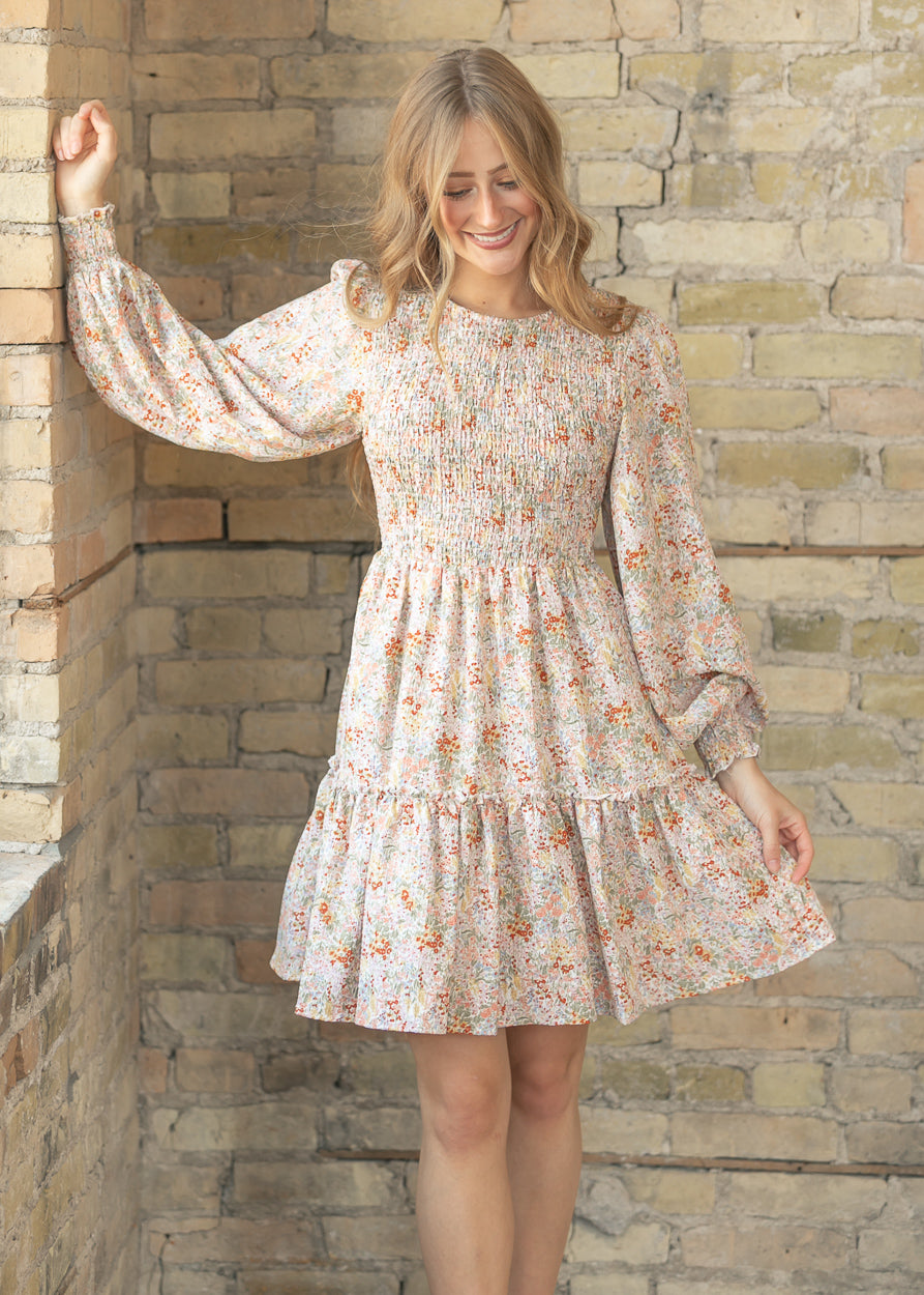 Floral Long Sleeve Smocked Midi Dress FF Dresses S