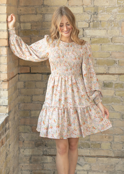 Floral Long Sleeve Smocked Midi Dress FF Dresses S