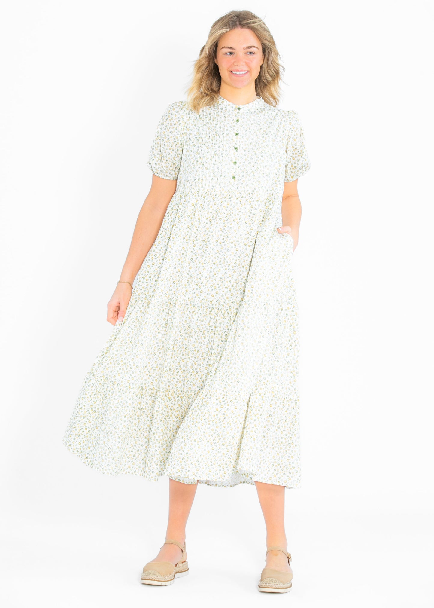 Floral Pintuck Button Front Maxi Dress FF Dresses