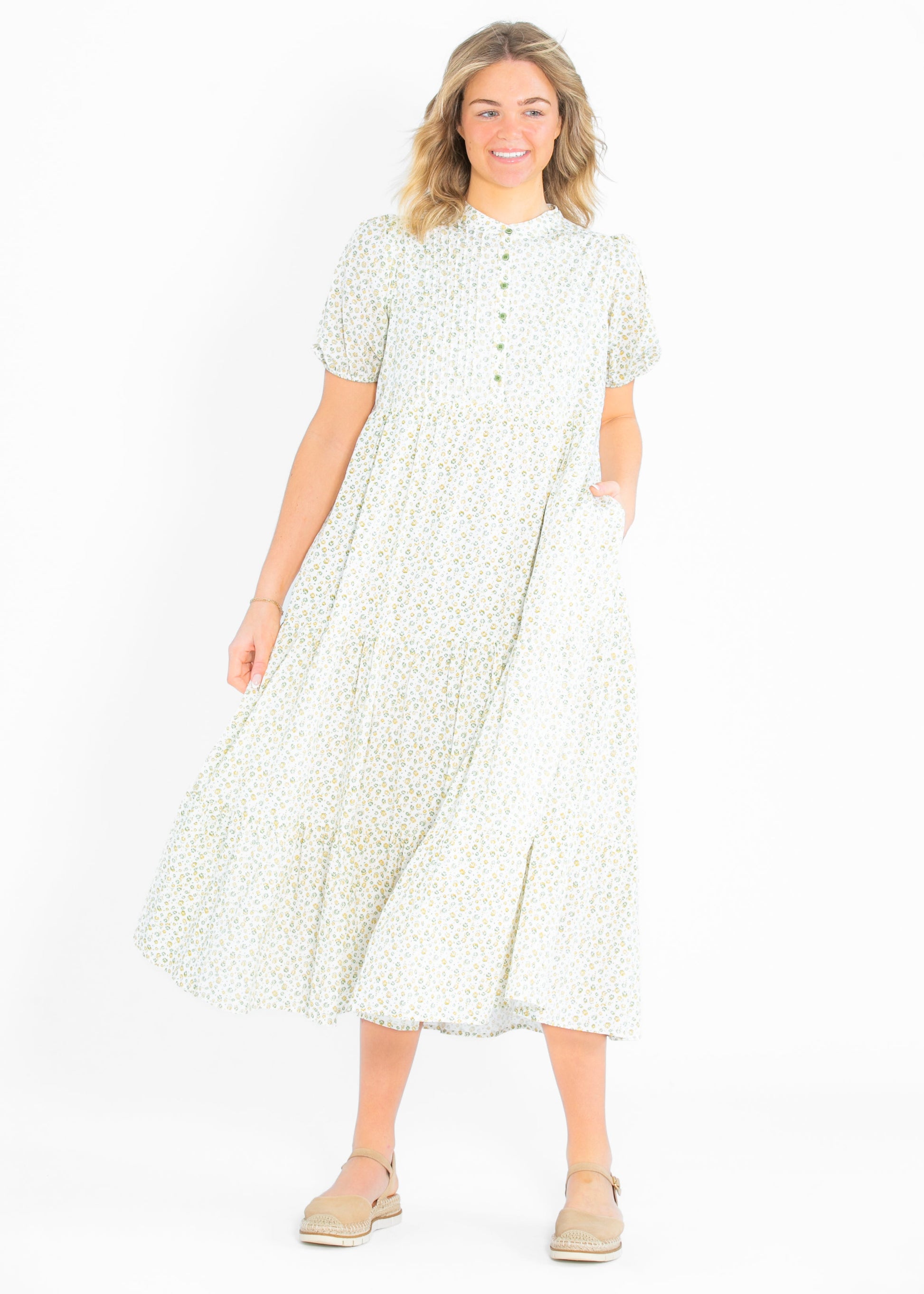 Floral Pintuck Button Front Maxi Dress FF Dresses