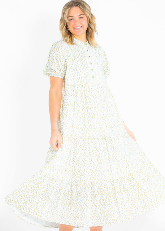 Floral Pintuck Button Front Maxi Dress FF Dresses
