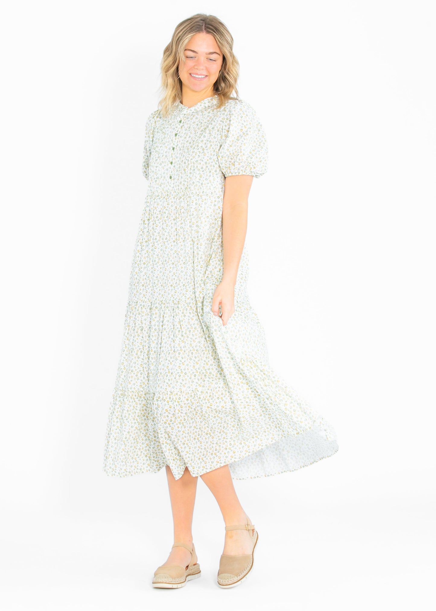 Floral Pintuck Button Front Maxi Dress FF Dresses