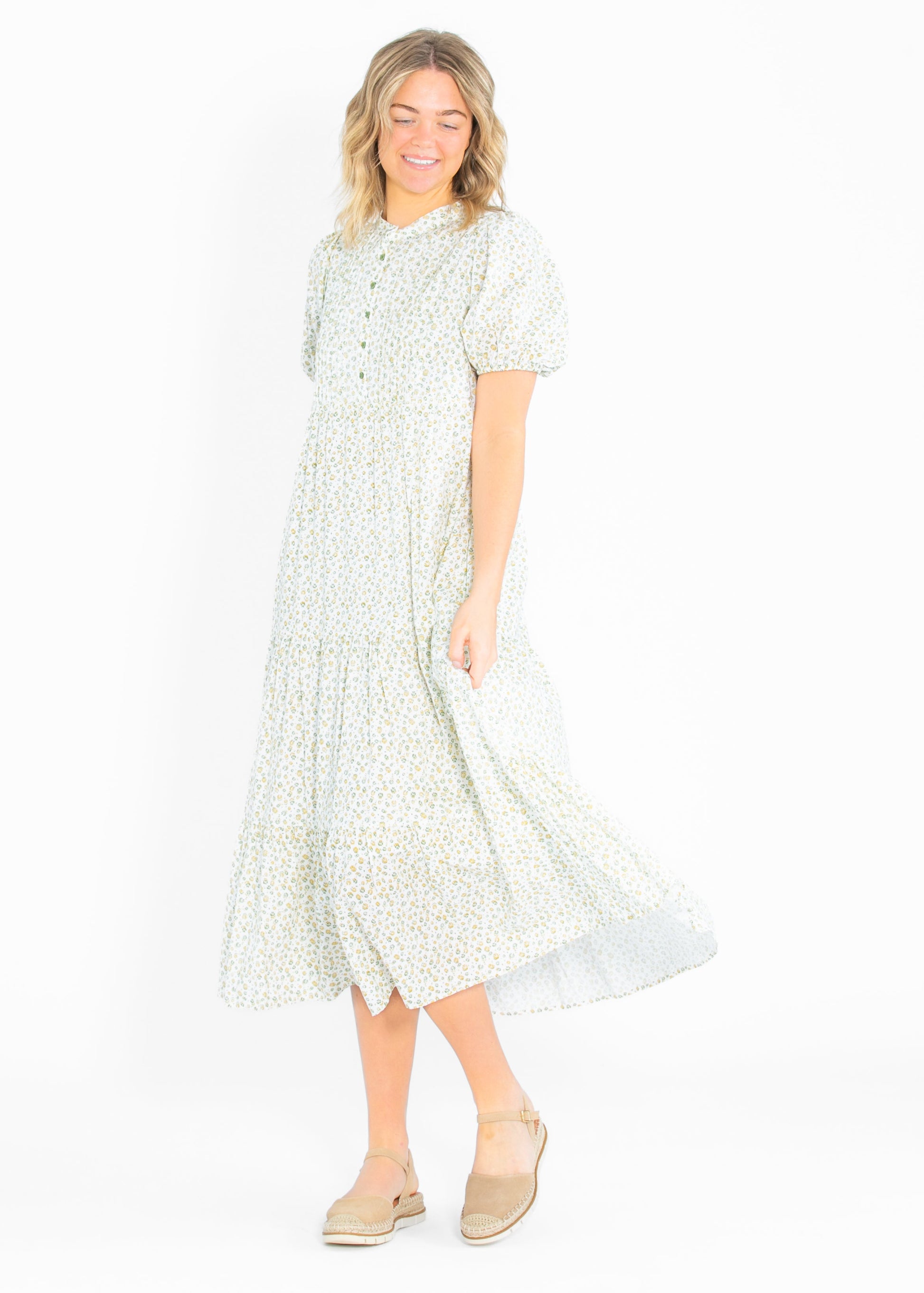 Floral Pintuck Button Front Maxi Dress FF Dresses