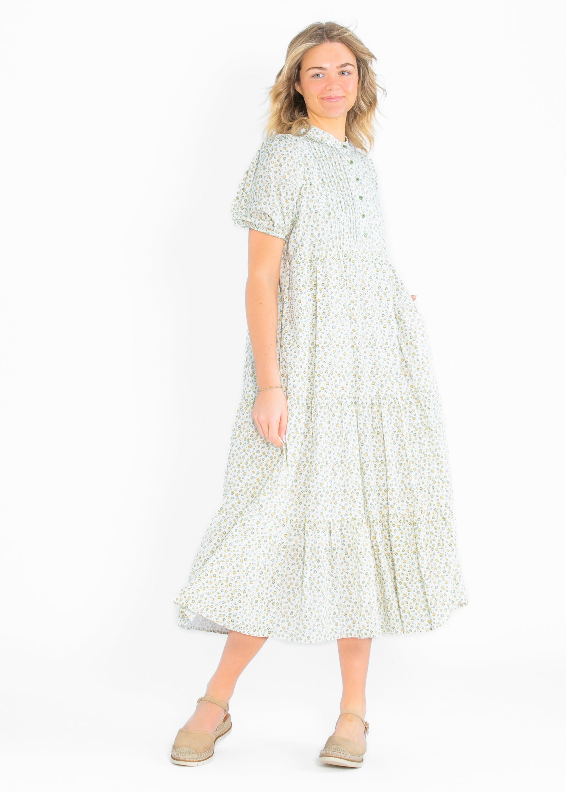 Floral Pintuck Button Front Maxi Dress FF Dresses