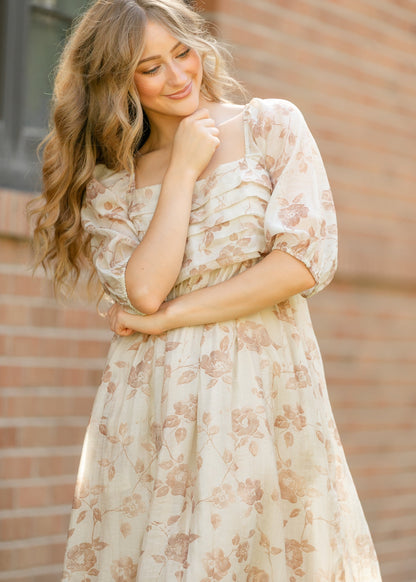 Floral Pleated Bodice Midi Dress FF Dresses