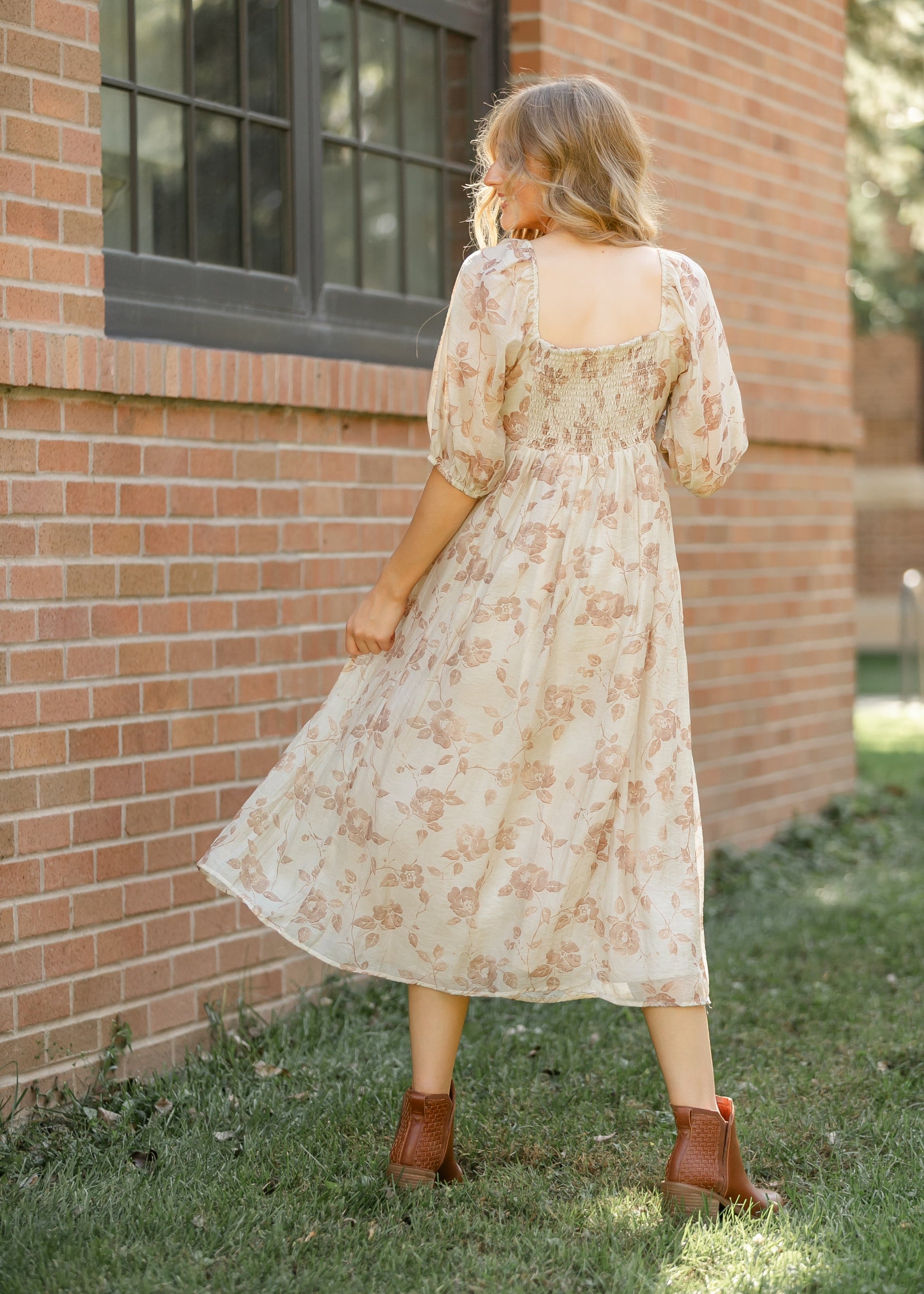 Floral Pleated Bodice Midi Dress, Large Floral Pleated Bodice Midi Dress, Large
