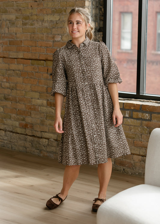 Floral Print Brown Button-Up Dress FF Dresses S