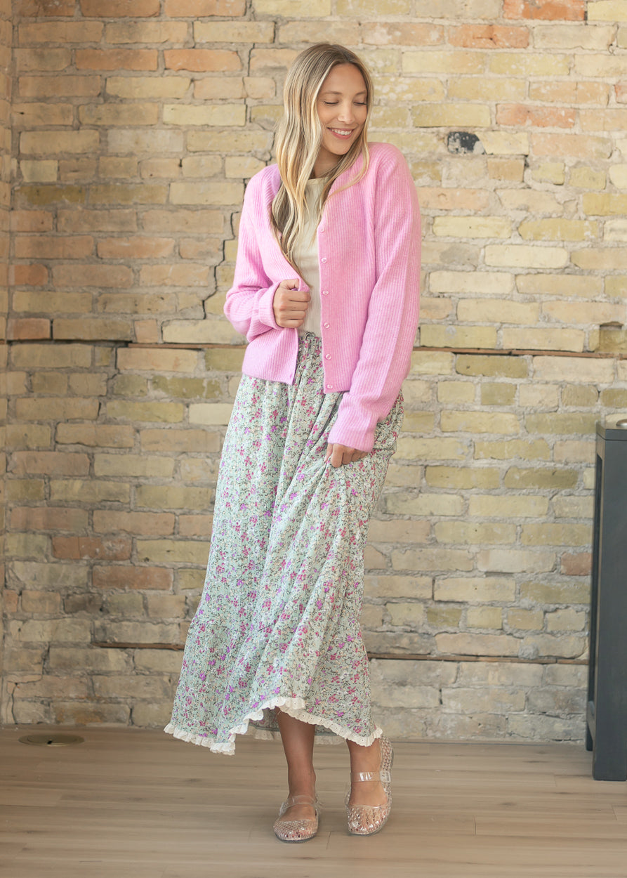 Floral Print Eyelet Trim Midi Skirt FF Skirts
