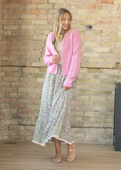 Floral Print Eyelet Trim Midi Skirt FF Skirts