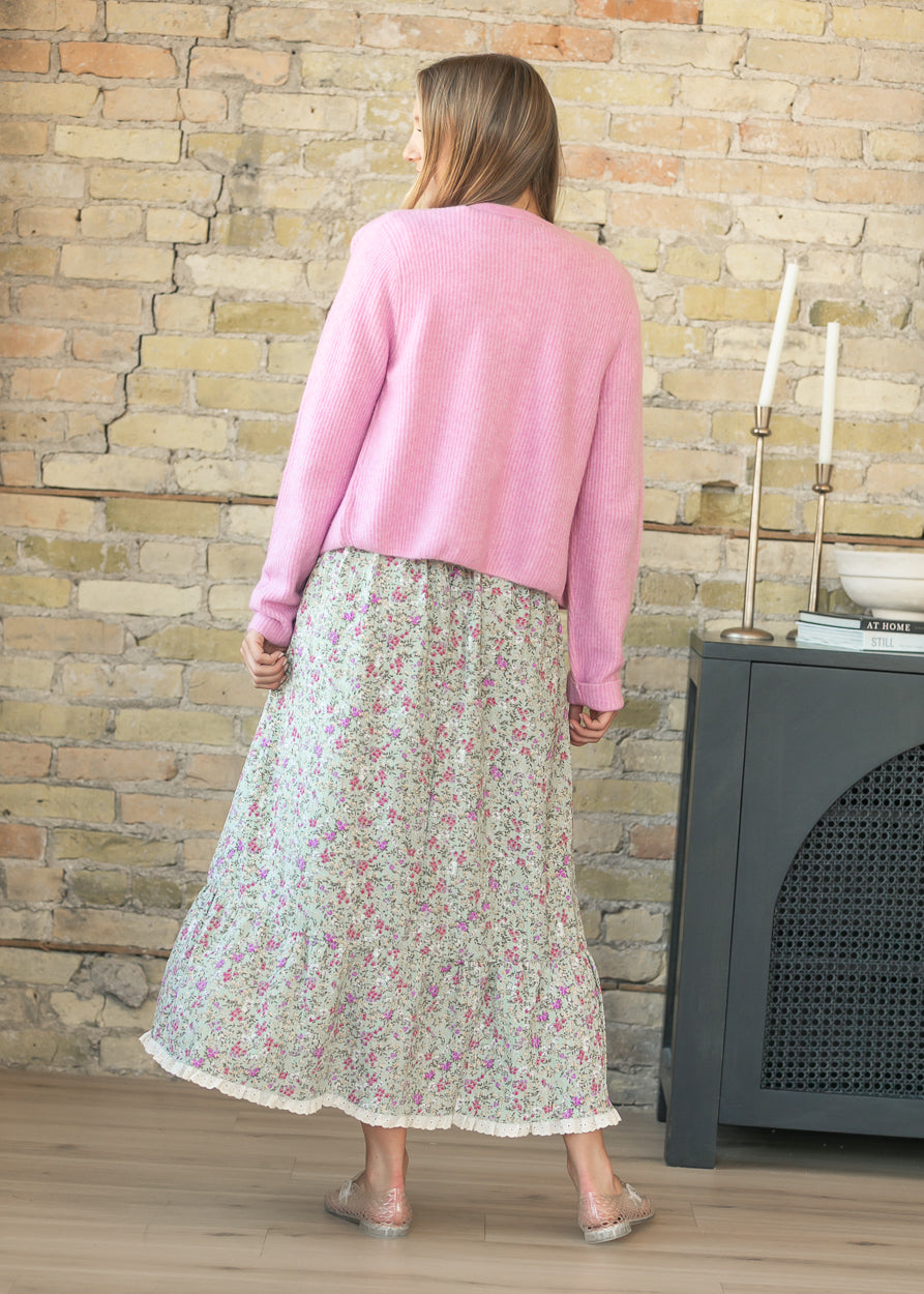Floral Print Eyelet Trim Midi Skirt FF Skirts