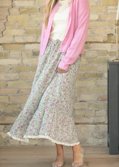 Floral Print Eyelet Trim Midi Skirt FF Skirts S