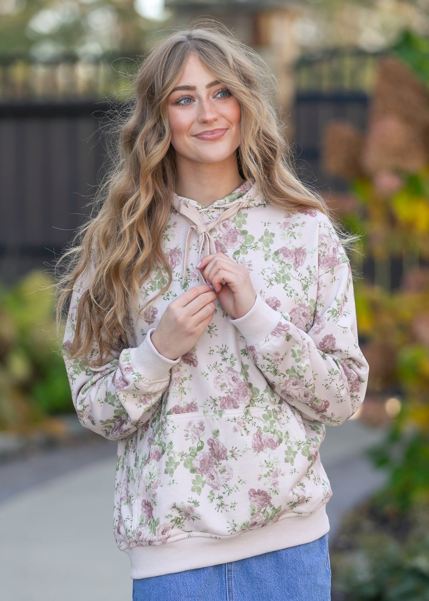 Floral Print Hooded Sweatshirt FF Tops