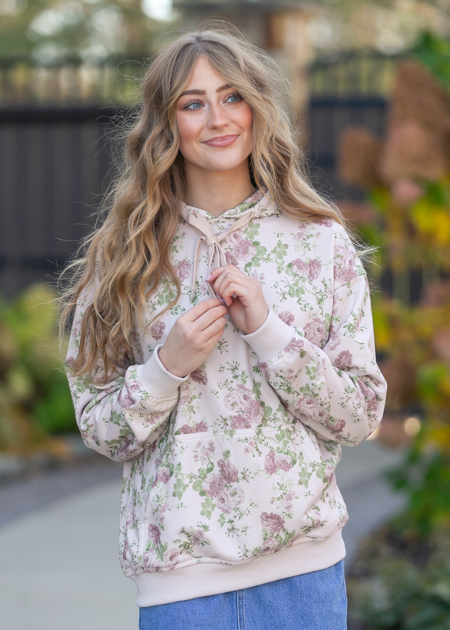 Floral Print Hooded Sweatshirt FF Tops