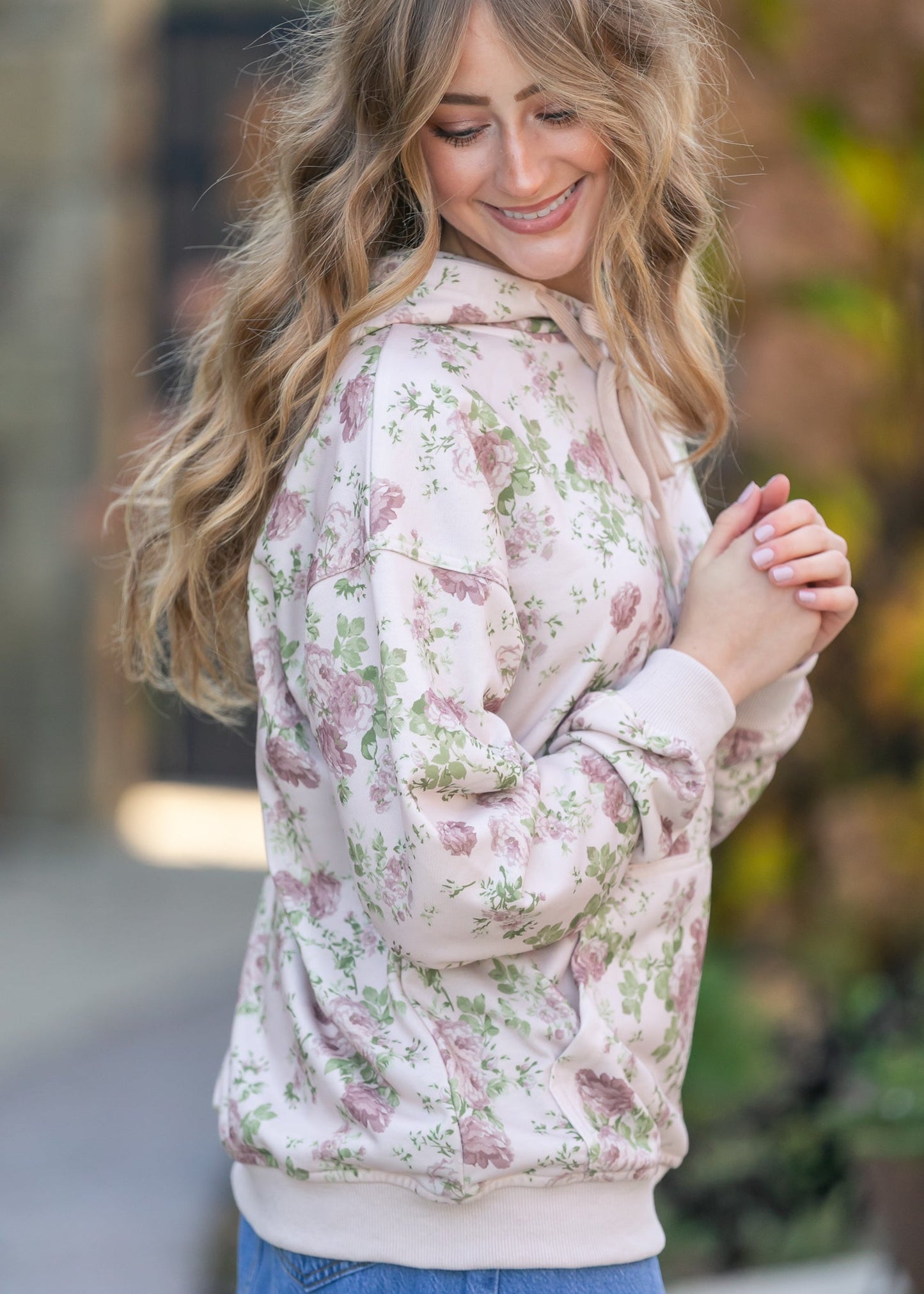 Floral Print Hooded Sweatshirt FF Tops