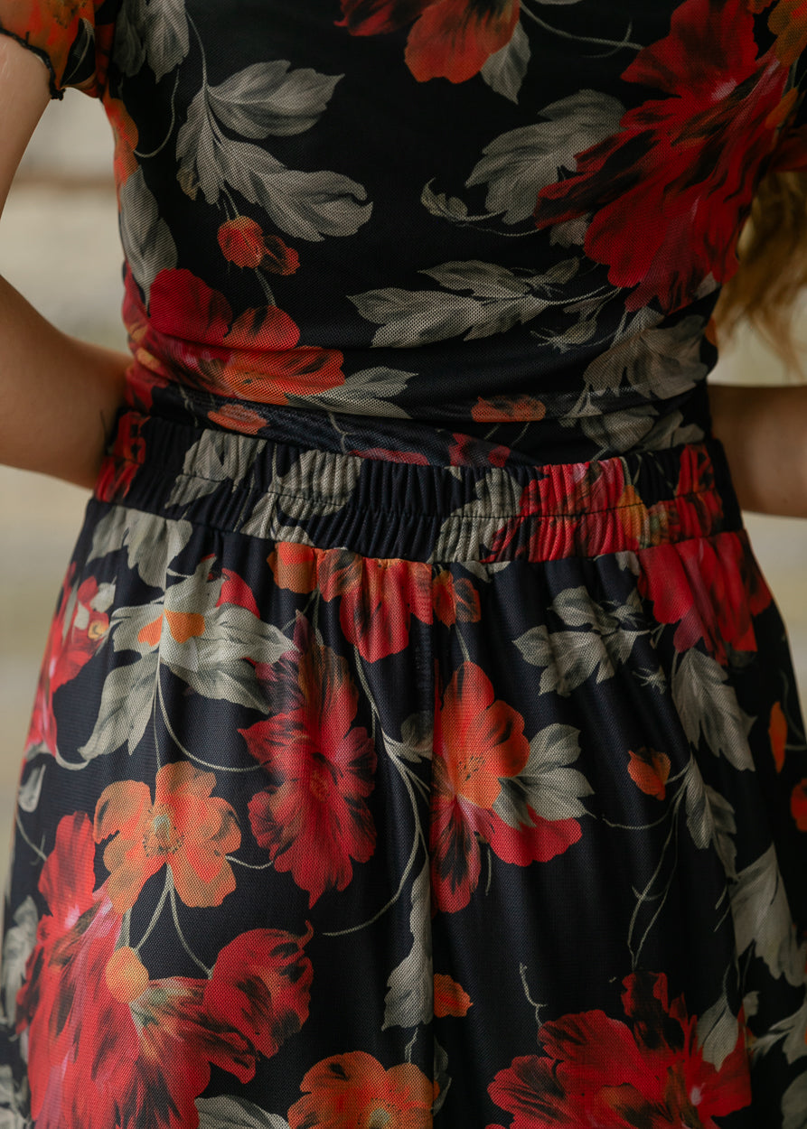 Floral Print Mesh A-line Midi Skirt FF Skirts