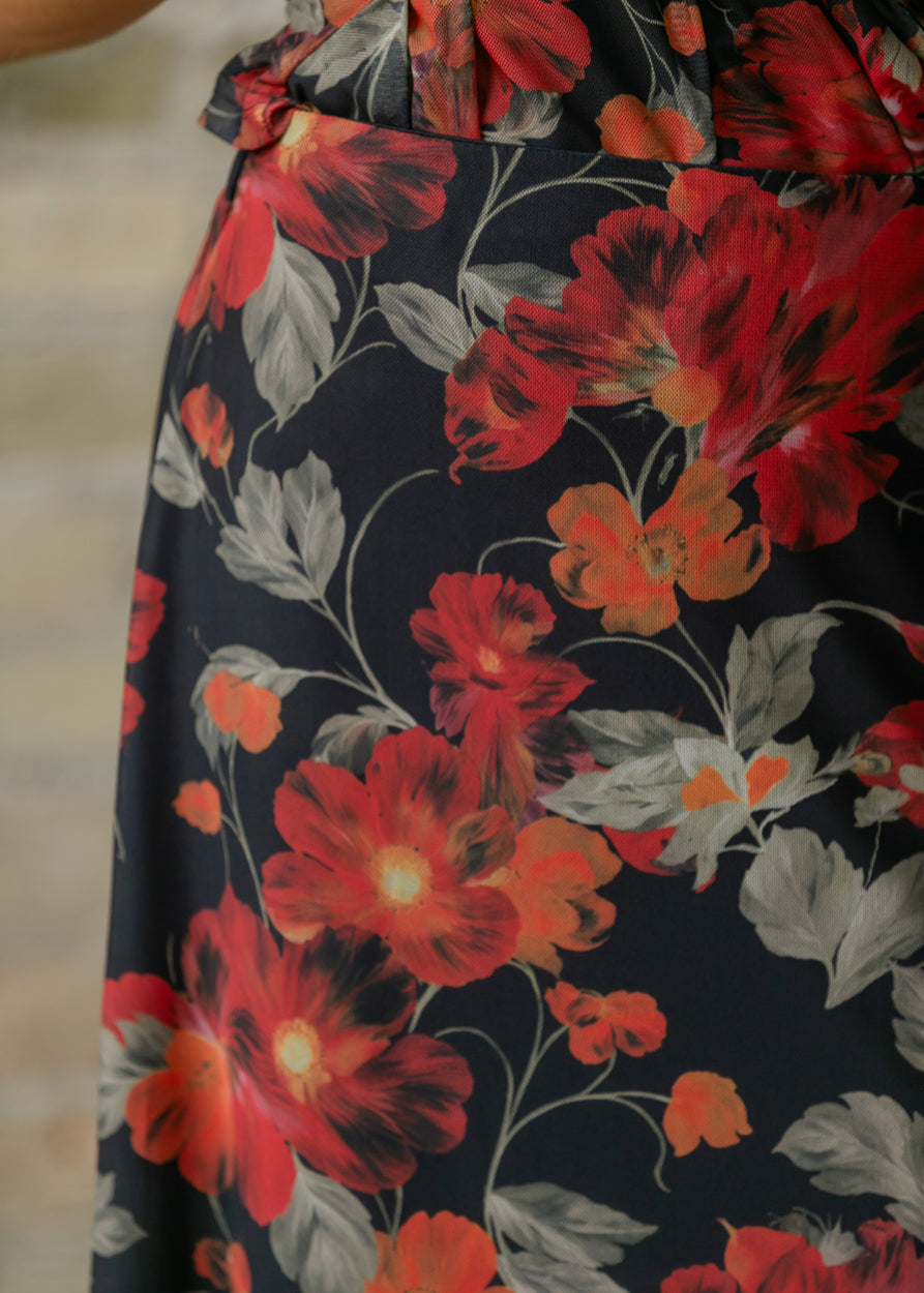 Floral Print Mesh A-line Midi Skirt FF Skirts