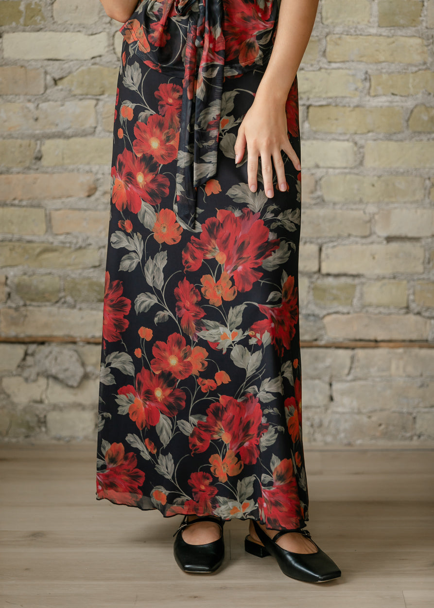 Floral Print Mesh A-line Midi Skirt FF Skirts