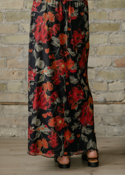 Floral Print Mesh A-line Midi Skirt FF Skirts
