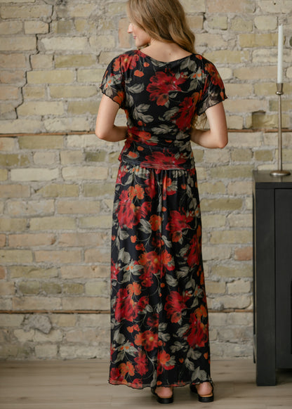 Floral Print Mesh A-line Midi Skirt FF Skirts