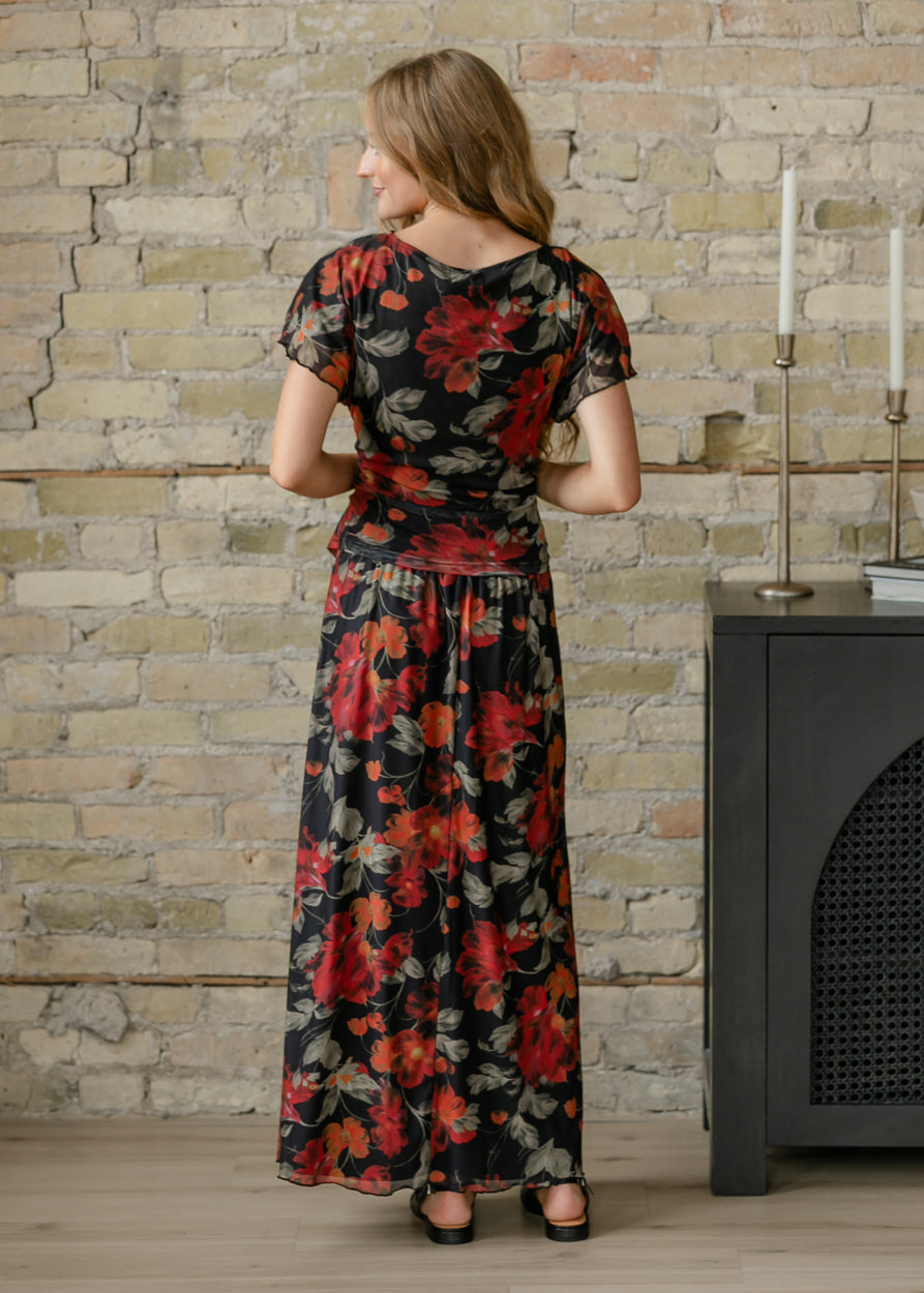 Floral Print Mesh A-line Midi Skirt FF Skirts