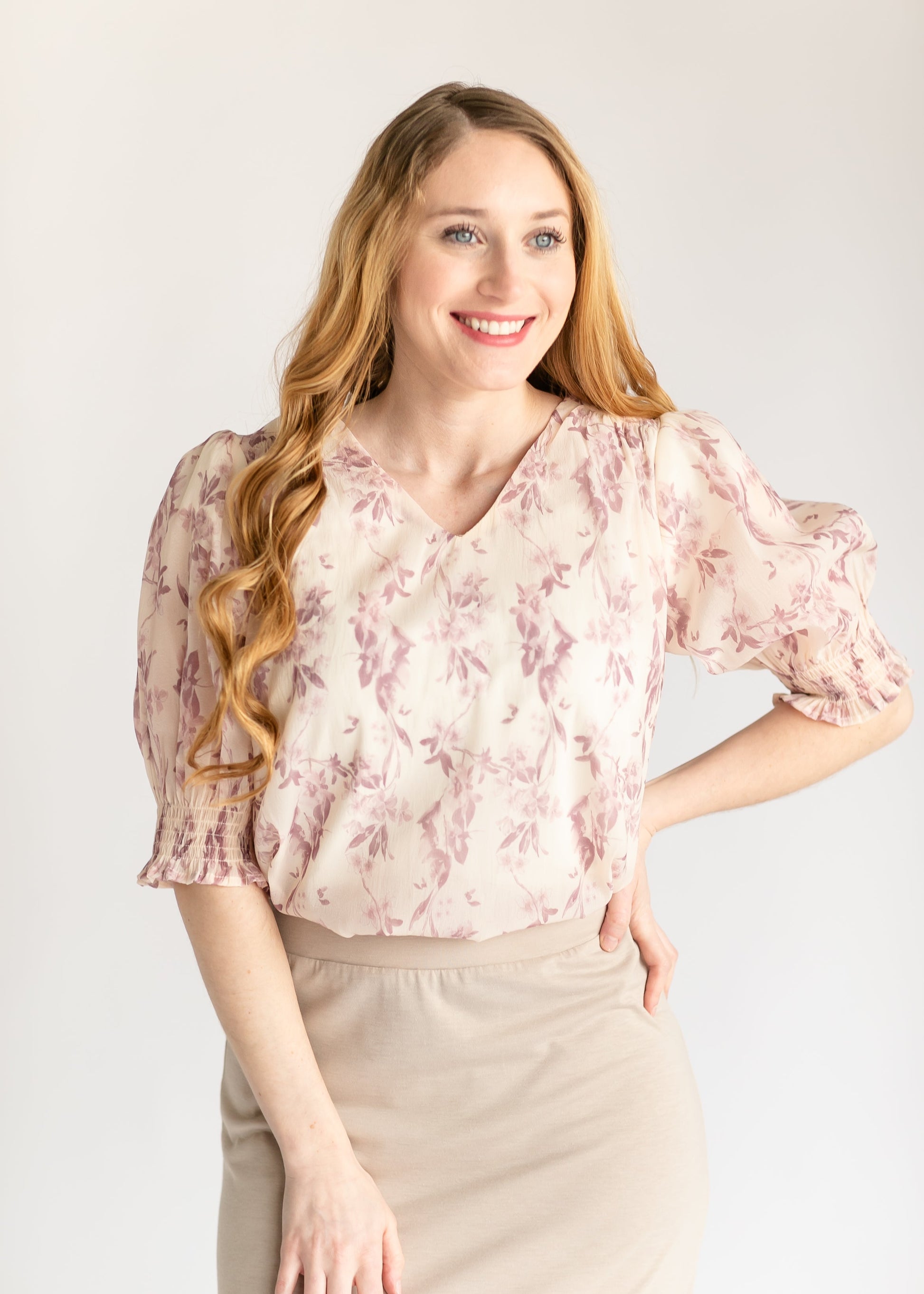 Floral Print Puff Blouse Top FF Tops