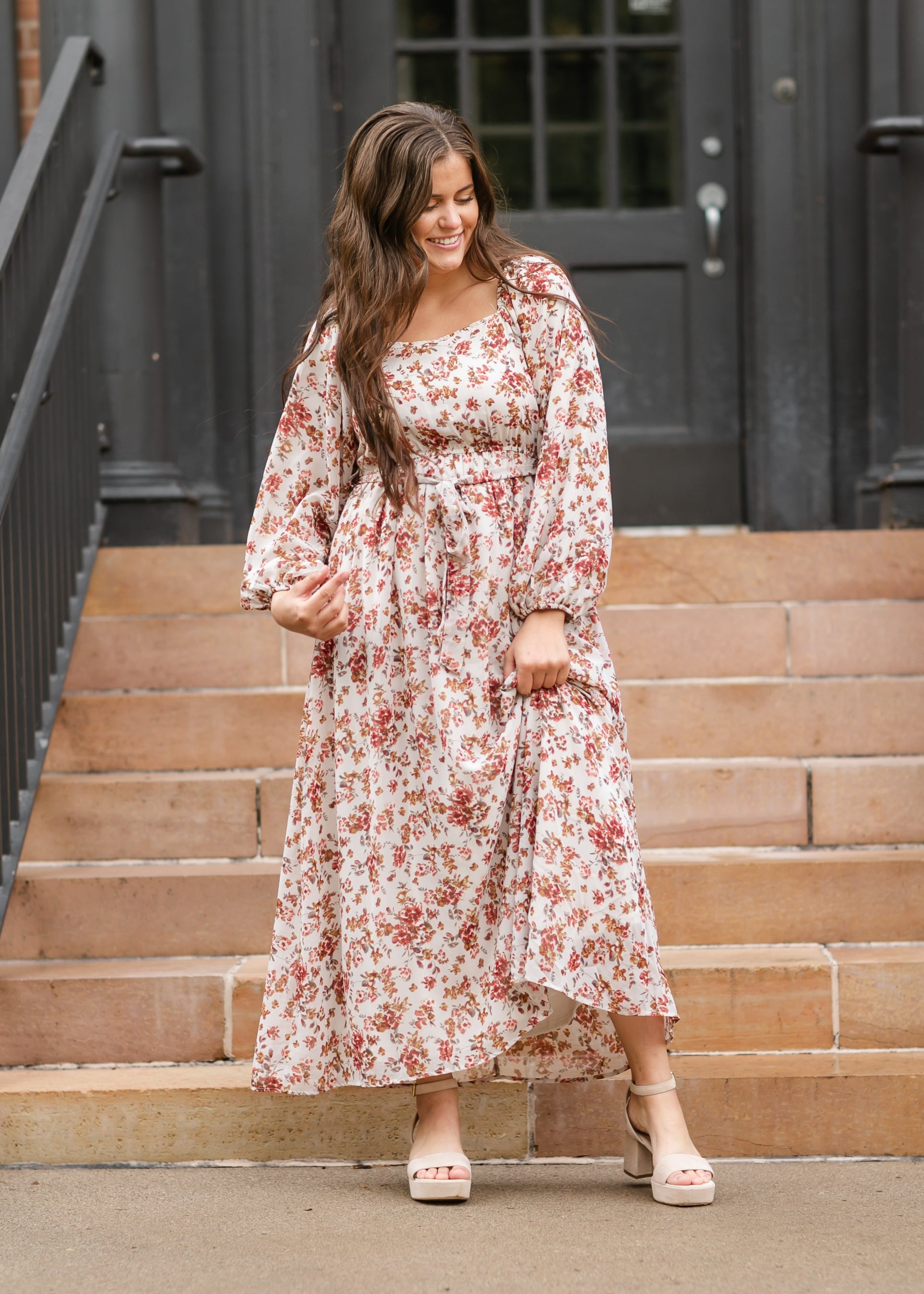 fitted lace wedding dress The Inspiration Cream Floral Maxi Dress – Shop the Mint main image 0