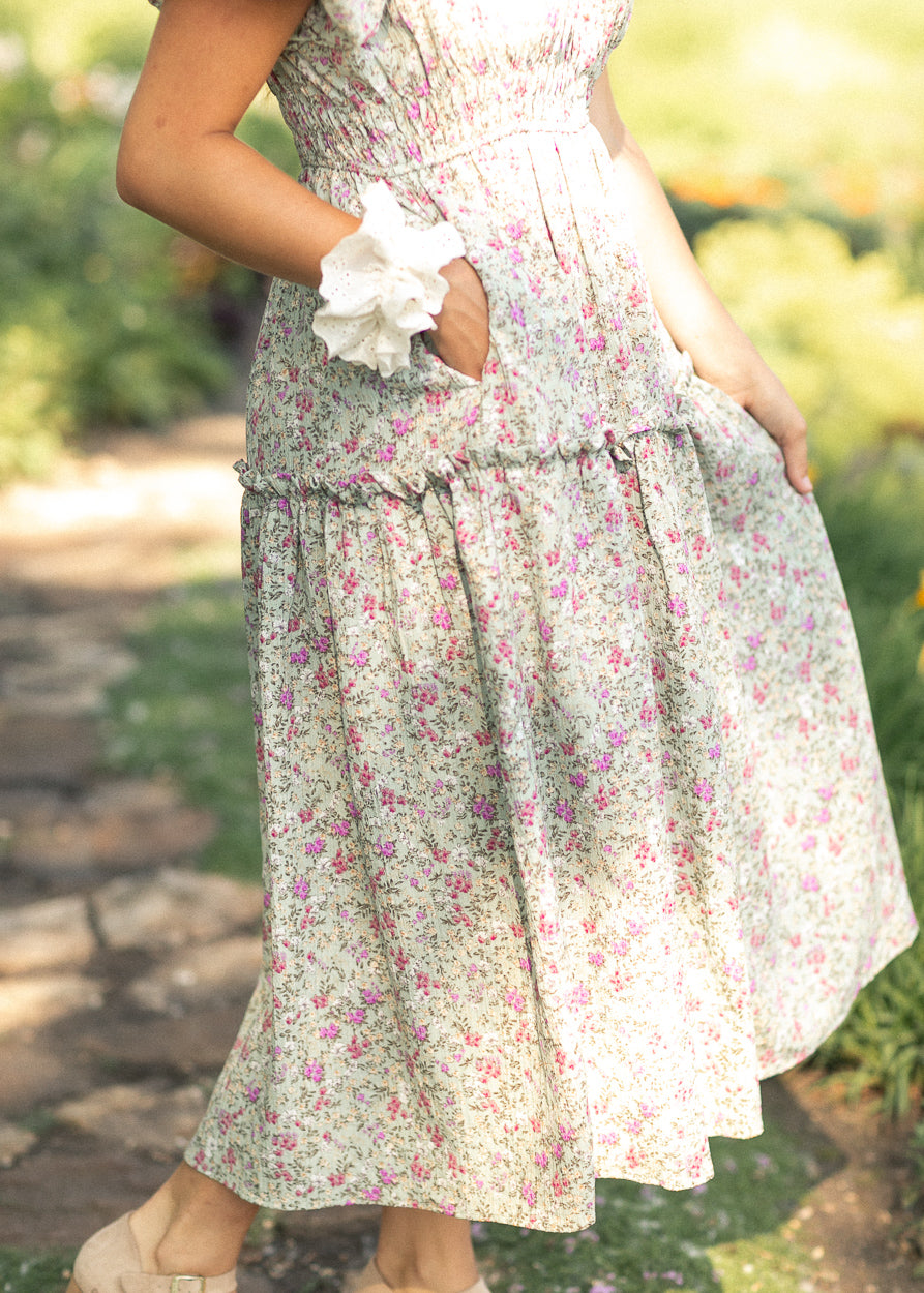 Floral Print Stretch Waist Midi Dress FF Dresses