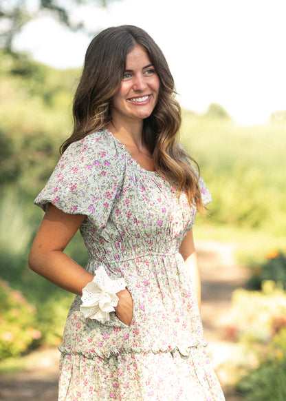Floral Print Stretch Waist Midi Dress FF Dresses