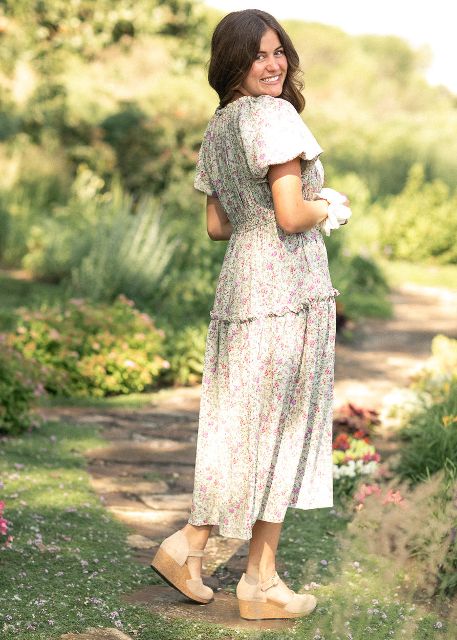 Floral Print Stretch Waist Midi Dress FF Dresses