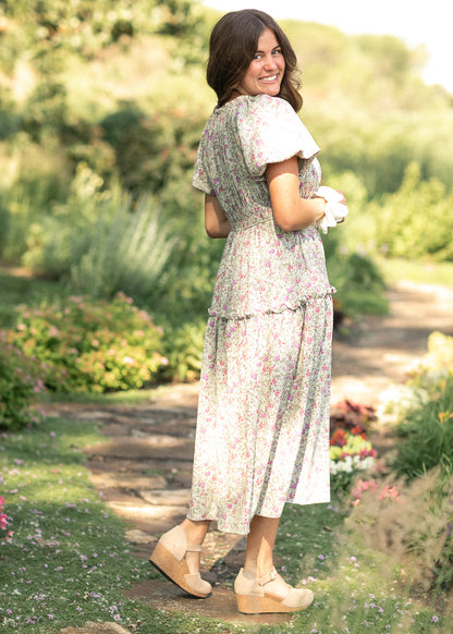 Floral Print Stretch Waist Midi Dress FF Dresses