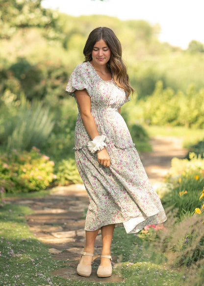 Floral Print Stretch Waist Midi Dress FF Dresses