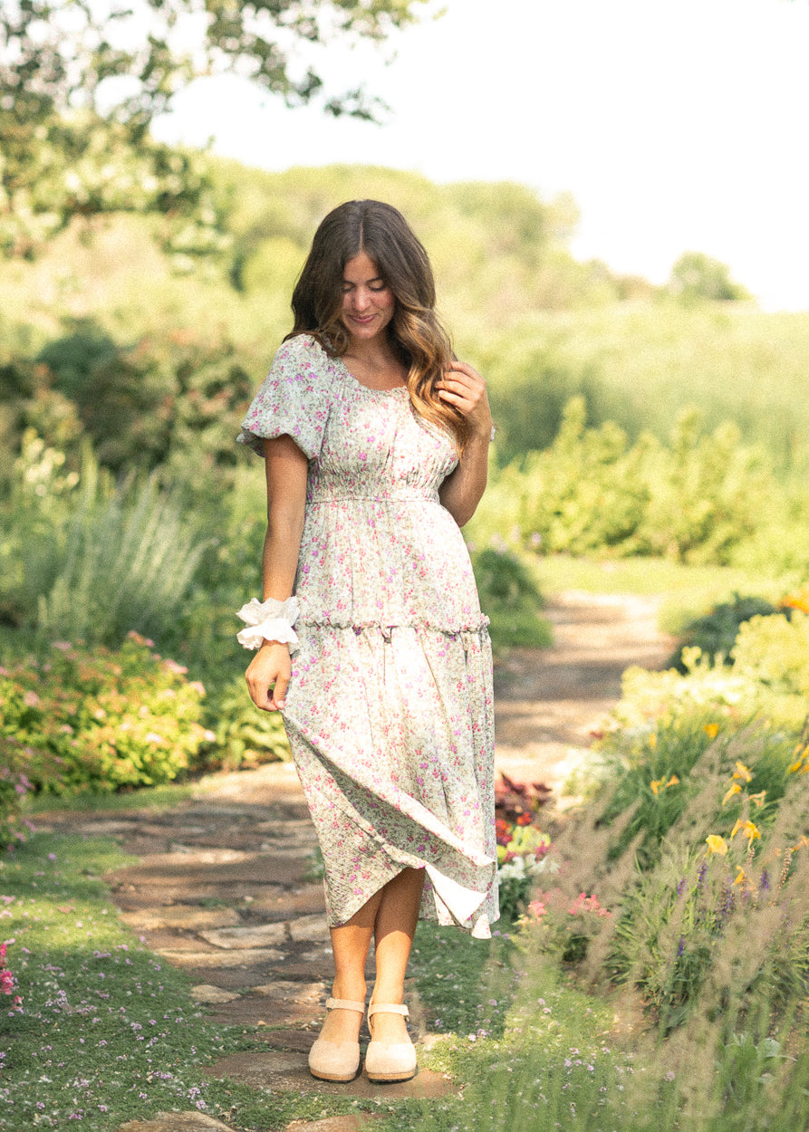 Floral Print Stretch Waist Midi Dress FF Dresses