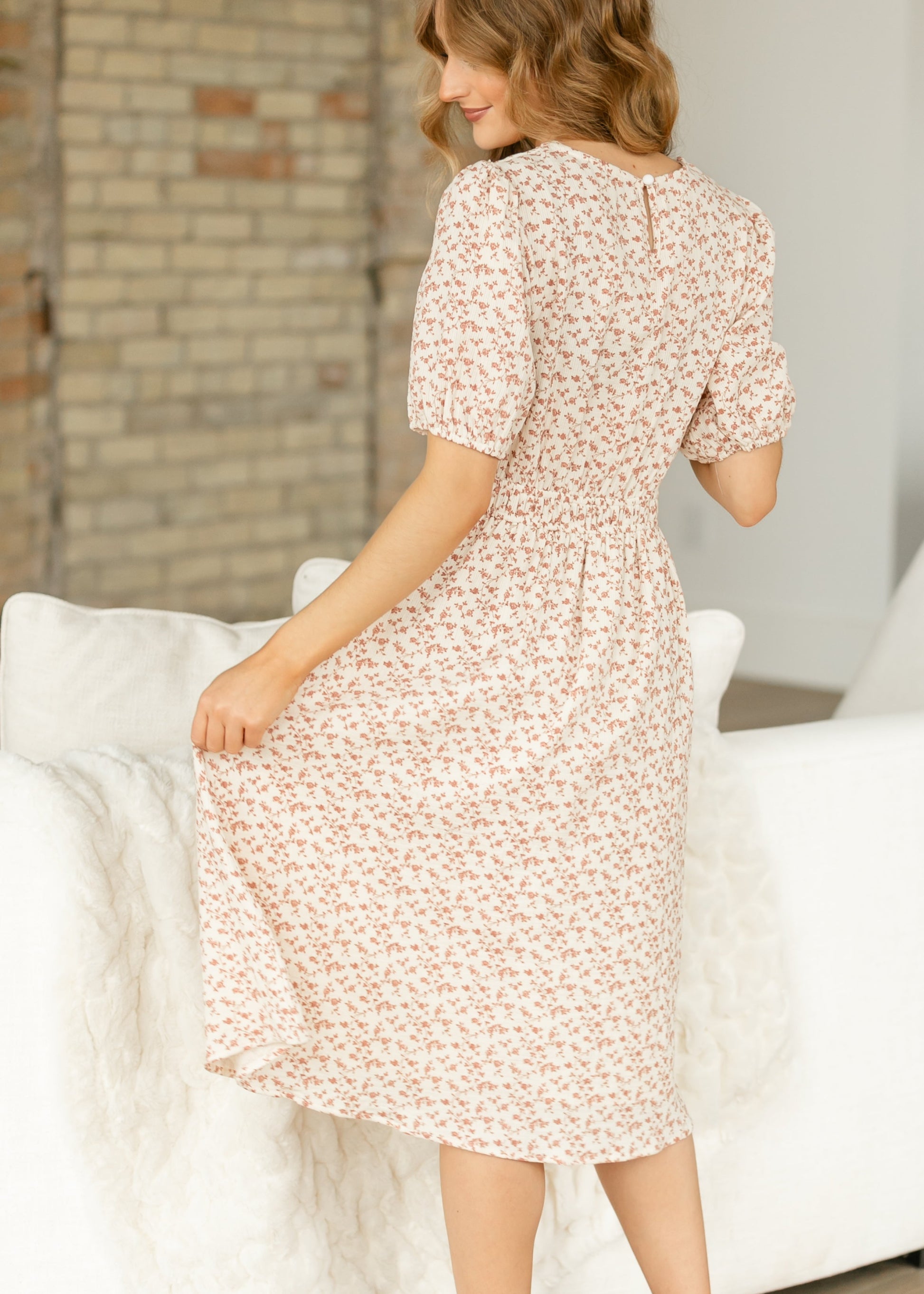 Floral Printed Smocked Waist Midi Dress FF Dresses