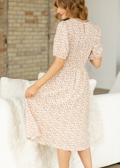 Floral Printed Smocked Waist Midi Dress FF Dresses