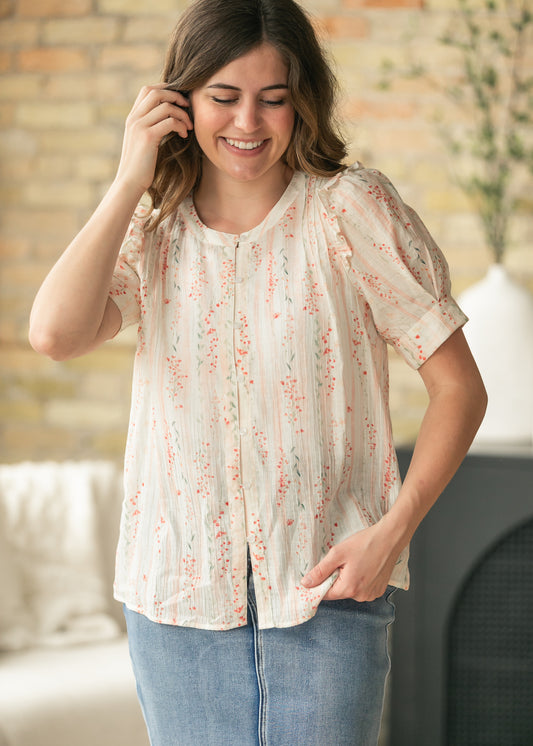 Floral Puff Sleeve Button Down Top FF Tops