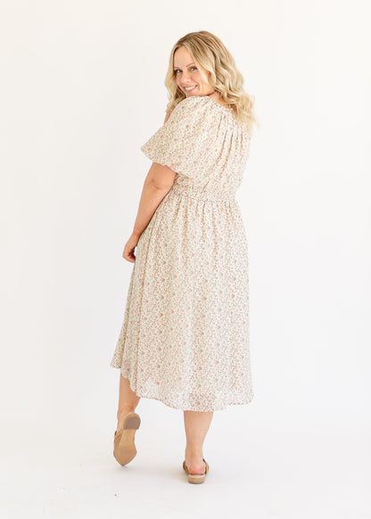 Floral Puff Sleeve Chiffon Midi Dress FF Dresses