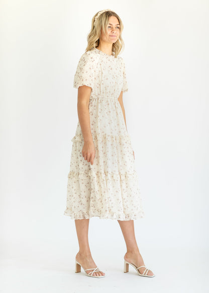 Floral Ruffle Mockneck Tiered Midi Dresss FF Dresses