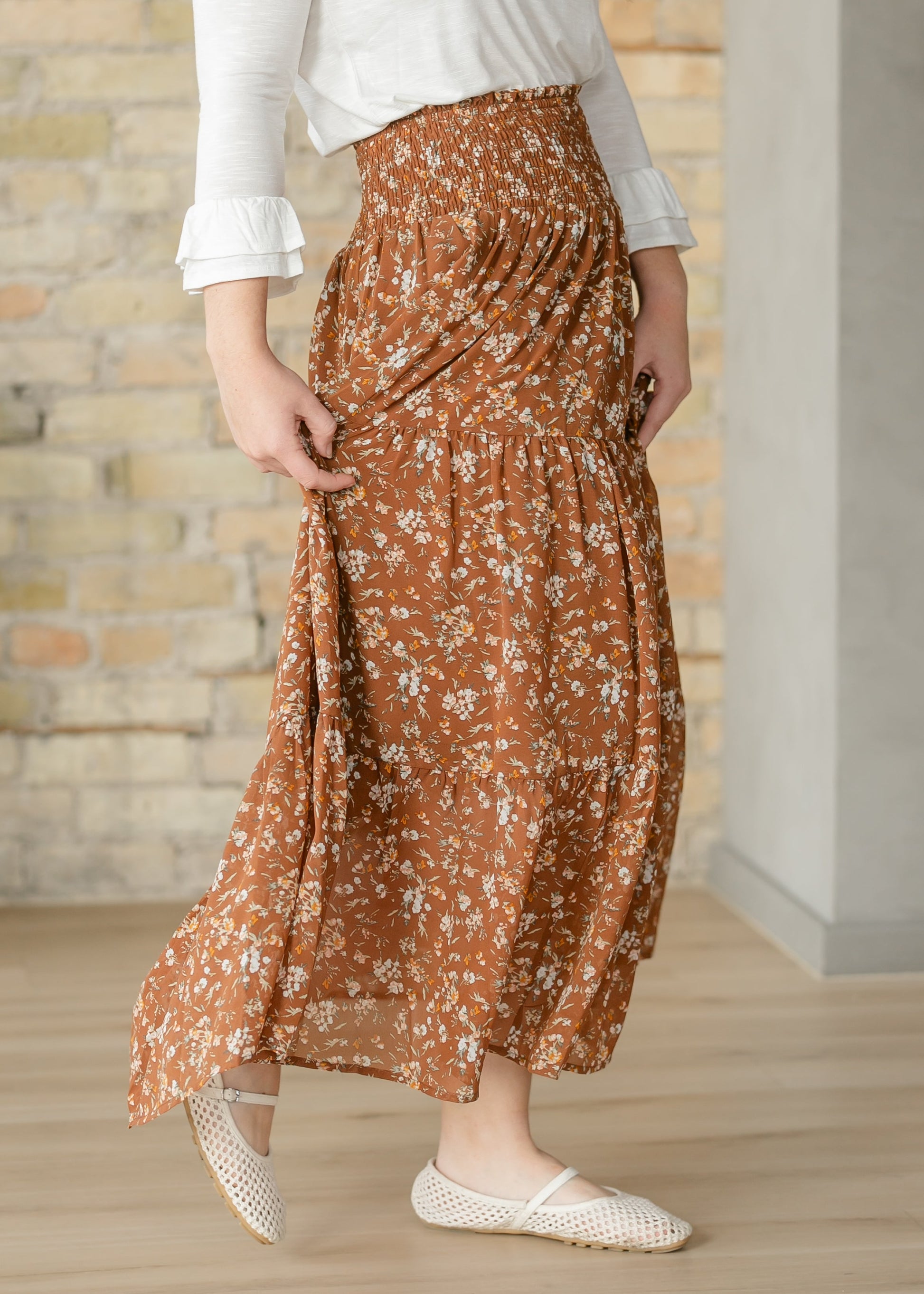 Floral Smocked Waist Tiered Maxi Skirt FF Skirts