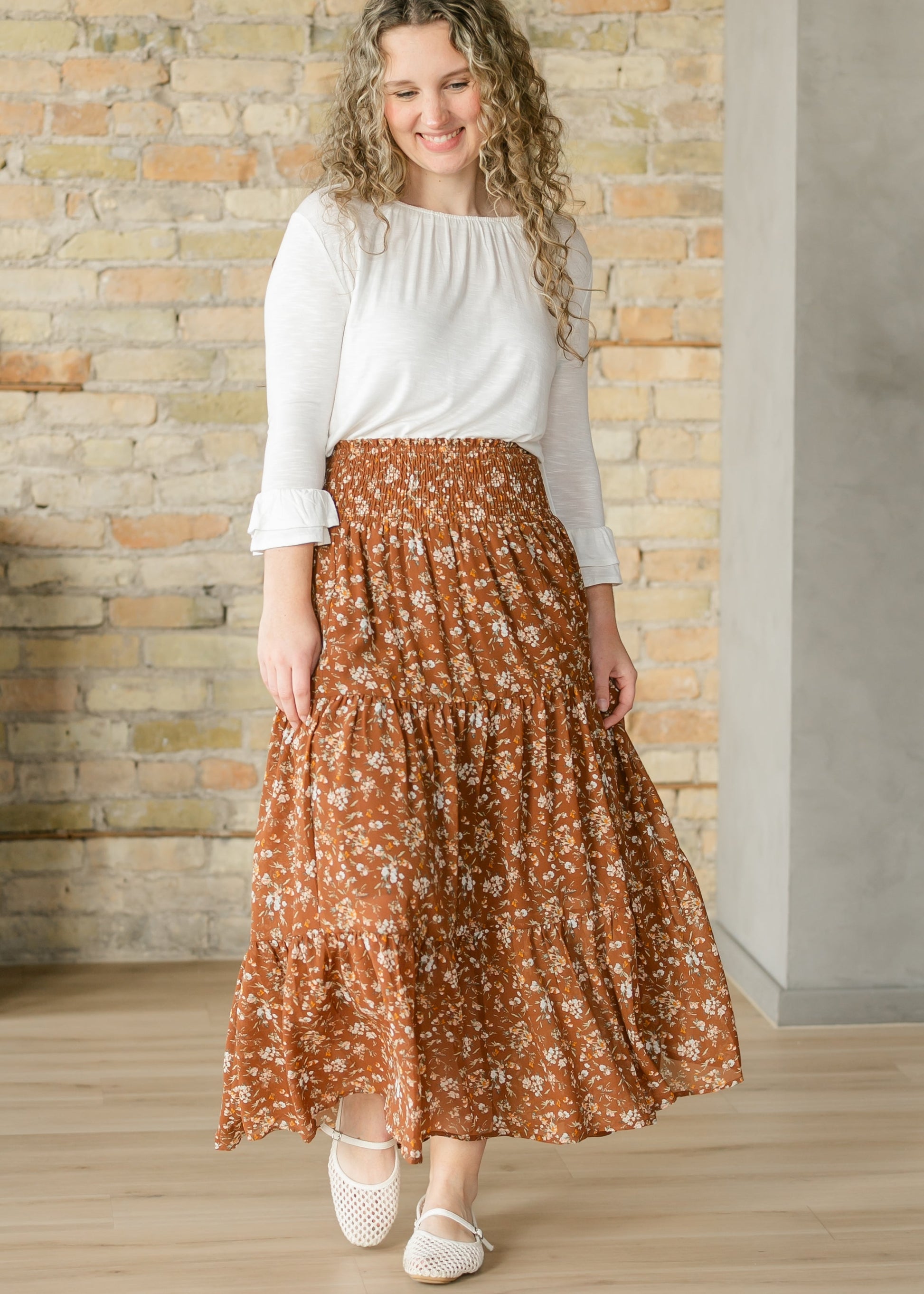 Floral Smocked Waist Tiered Maxi Skirt FF Skirts