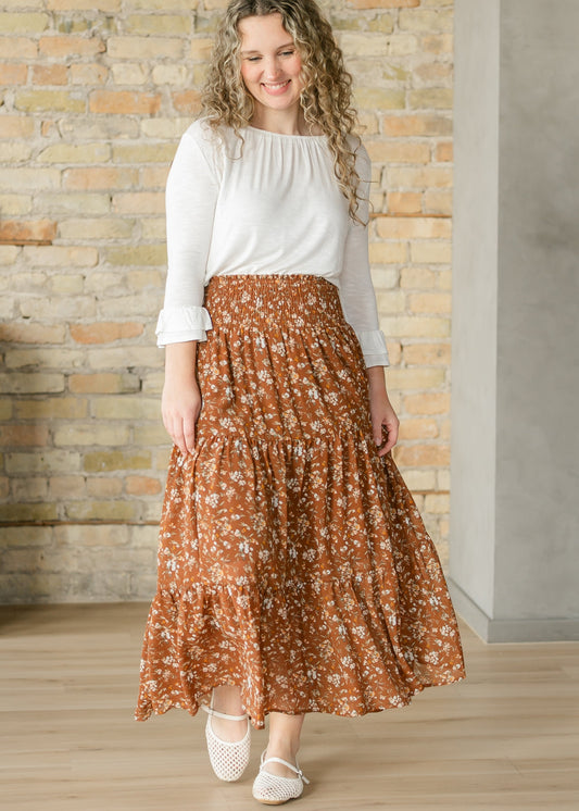 Floral Smocked Waist Tiered Maxi Skirt FF Skirts