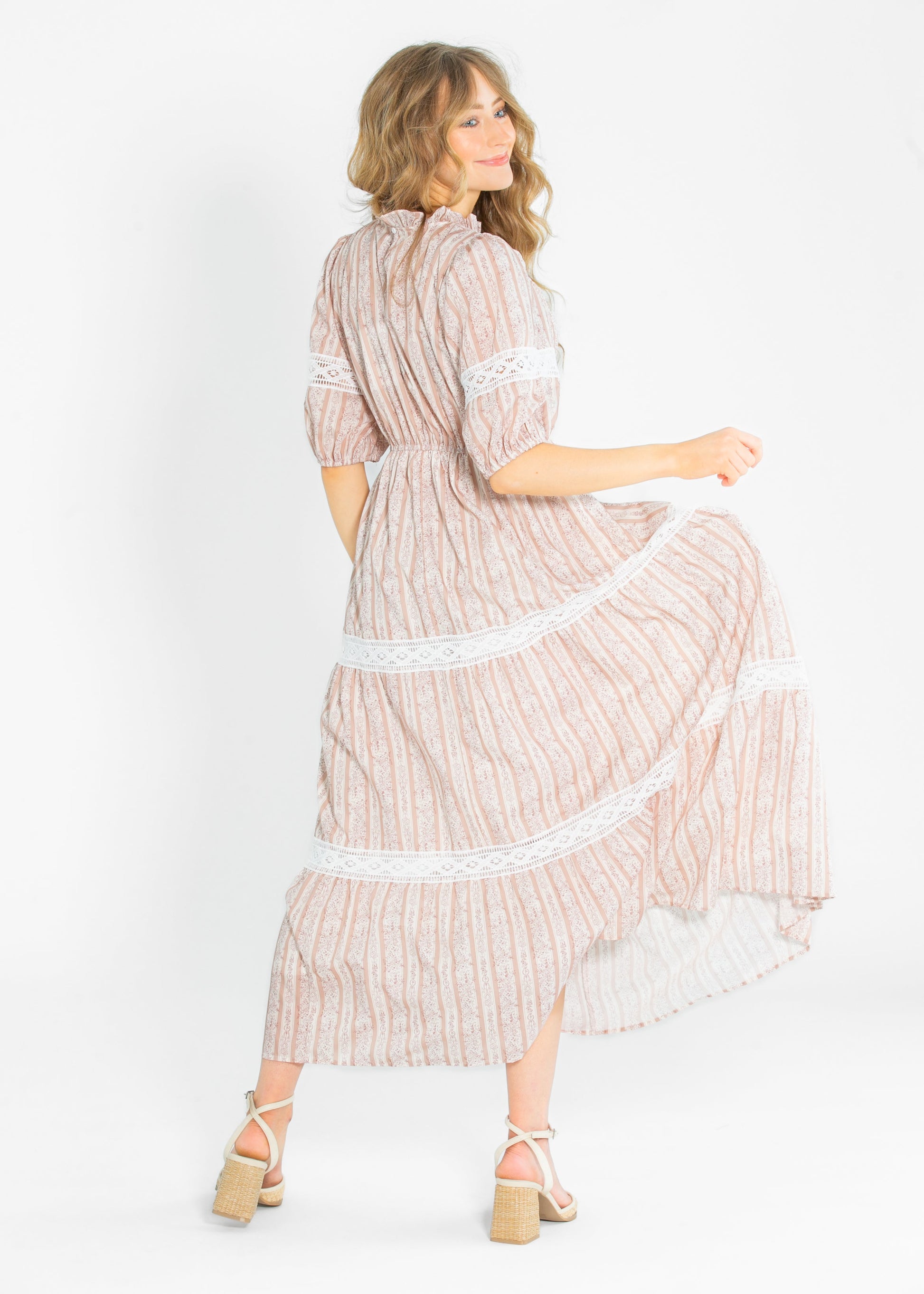 Floral Striped Eyelet Lace Smocked Maxi Dress FF Dresses