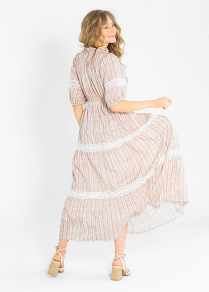Floral Striped Eyelet Lace Smocked Maxi Dress FF Dresses