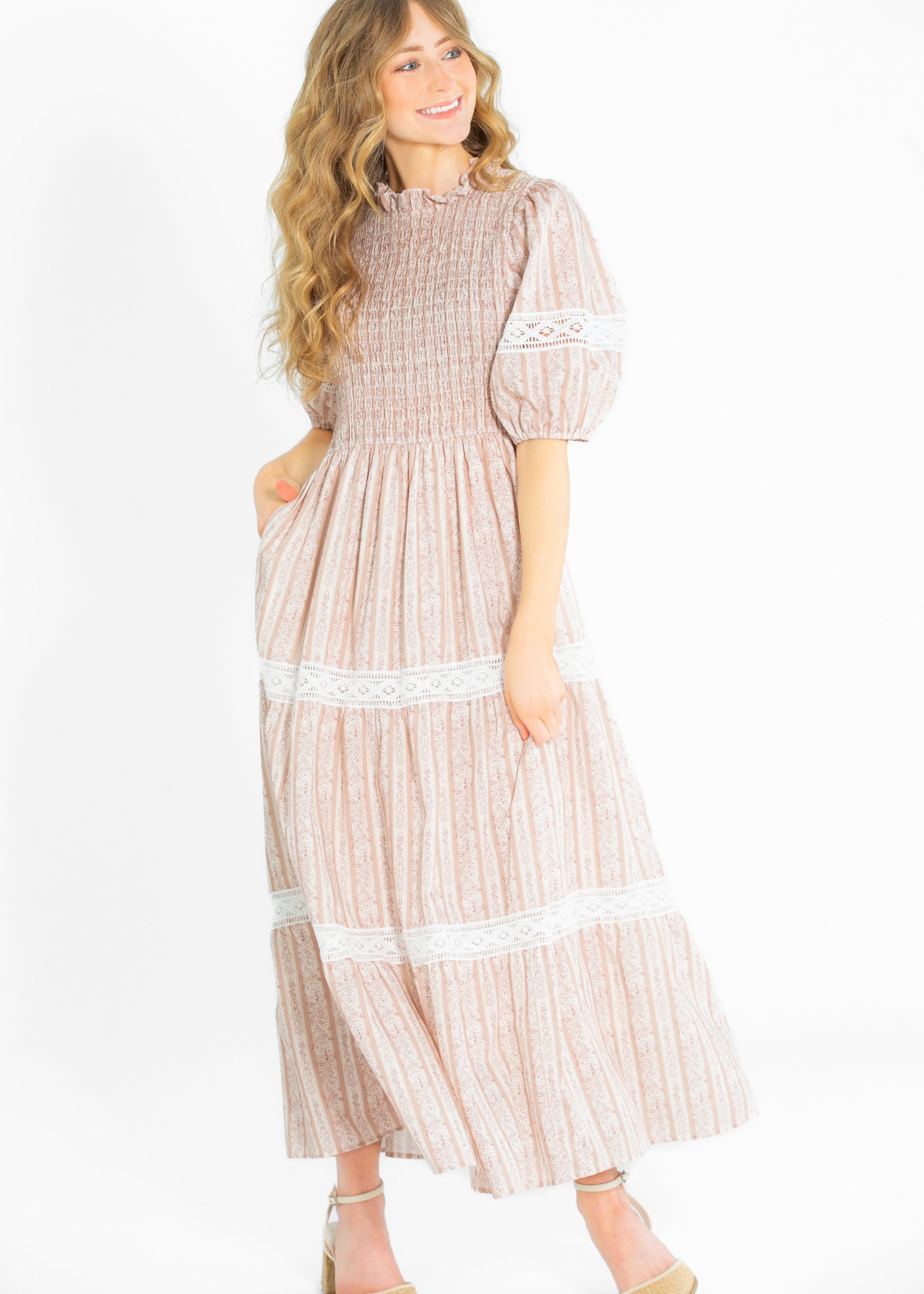 Floral Striped Eyelet Lace Smocked Maxi Dress FF Dresses